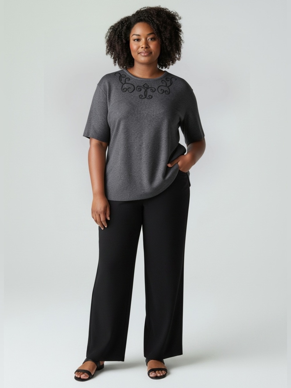 Bechamel Charcoal Embroidered Short Sleeve Top